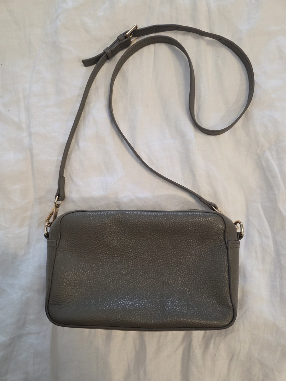Pebble-Grain Gray Leather Crossbody Bag with Adjustable Strap